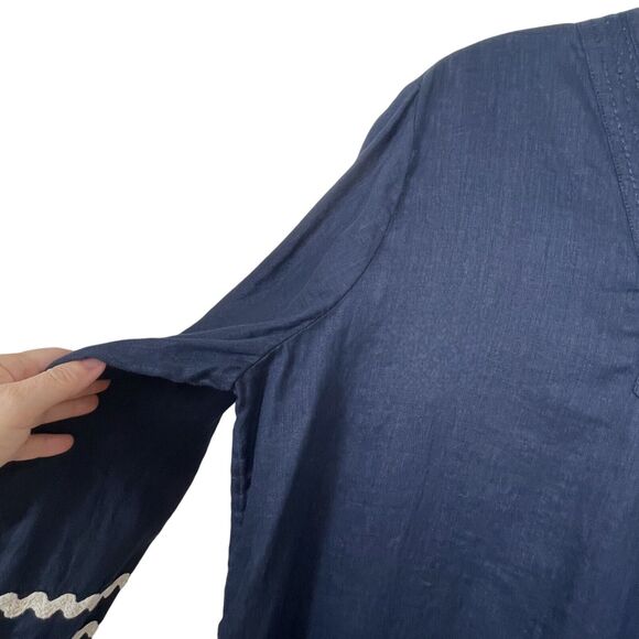 CHICO'S Rick Rack Trim Blouse Top Size 3 Size 16 Linen V-Neck Long Sleeve Navy - Picture 12 of 15